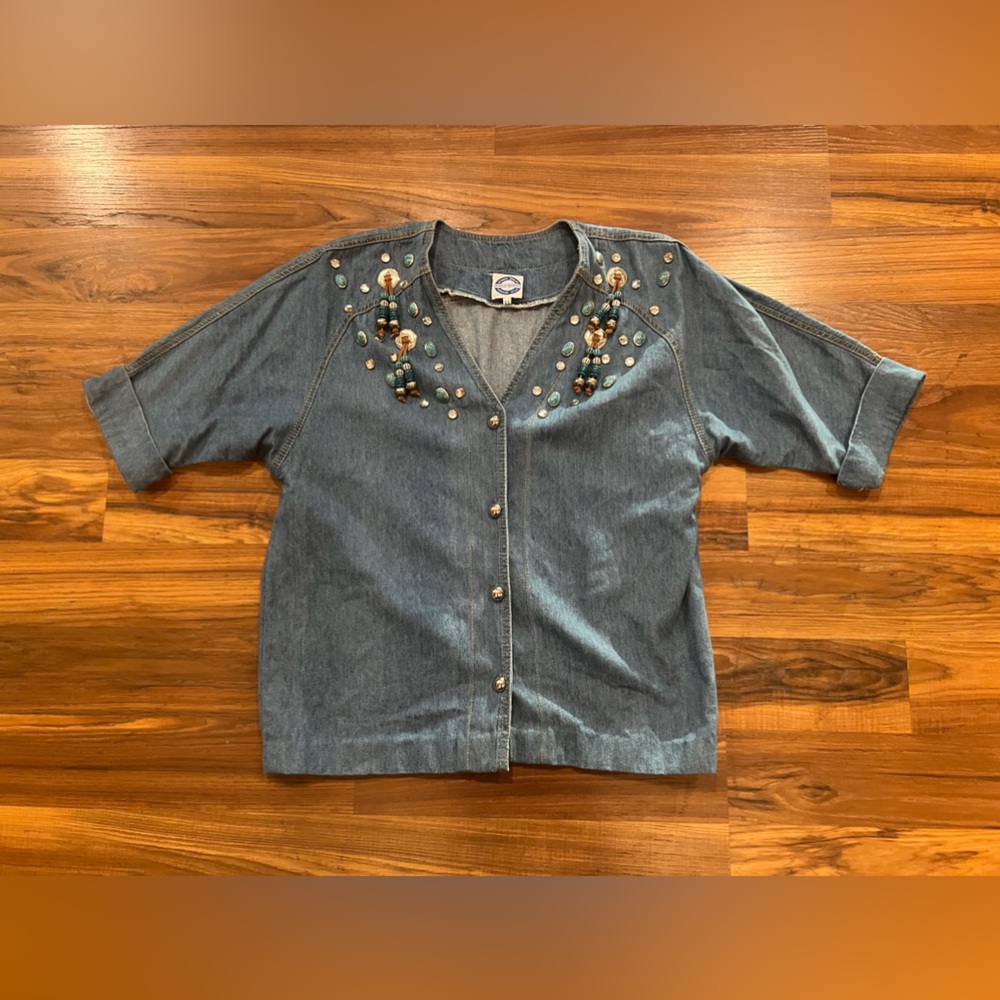 Vintage Deadstock 90s Denim Jewel Beaded Suede Tassel Western Button Down NWOT